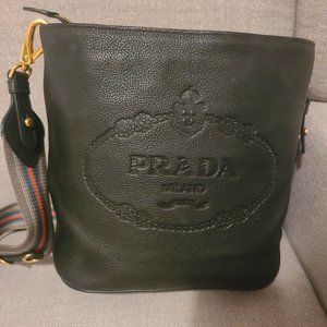 PRADA SECCHIELLO Embossed Logo Black Leather Cross Body Bag